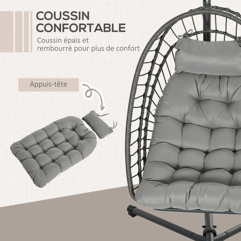 Outsunny Fauteuil suspendu de jardin chaise hamac résine tressée panier pliable avec matelas support en métal et appui-tête gris