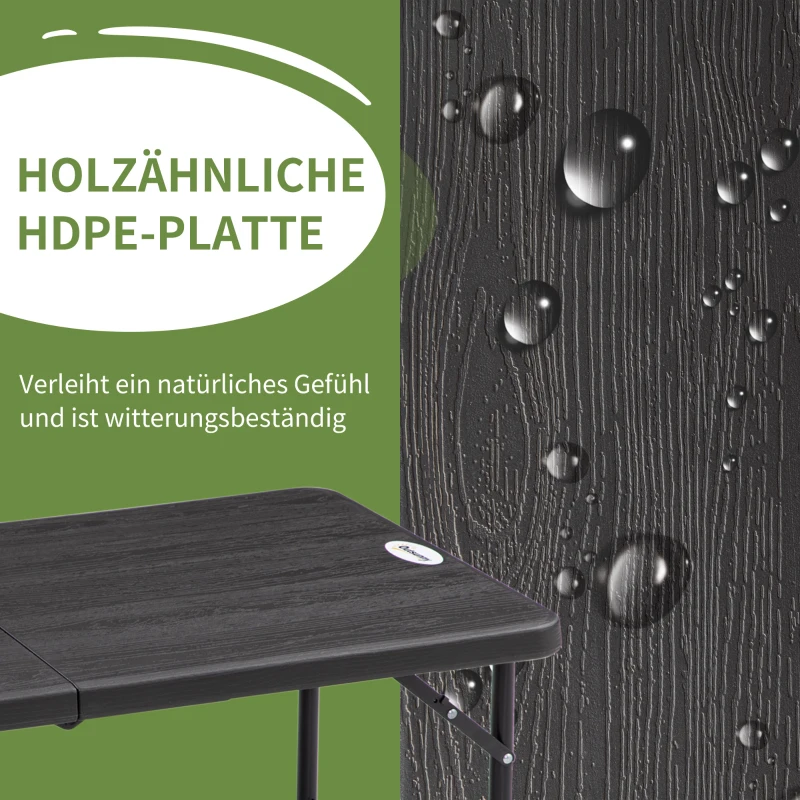 Outsunny buitentafel, tuintafel, voor 4 personen, opvouwbaar, in hoogte verstelbaar, houtlook, grijs+zwart, 118 x 60 x 74 cm
