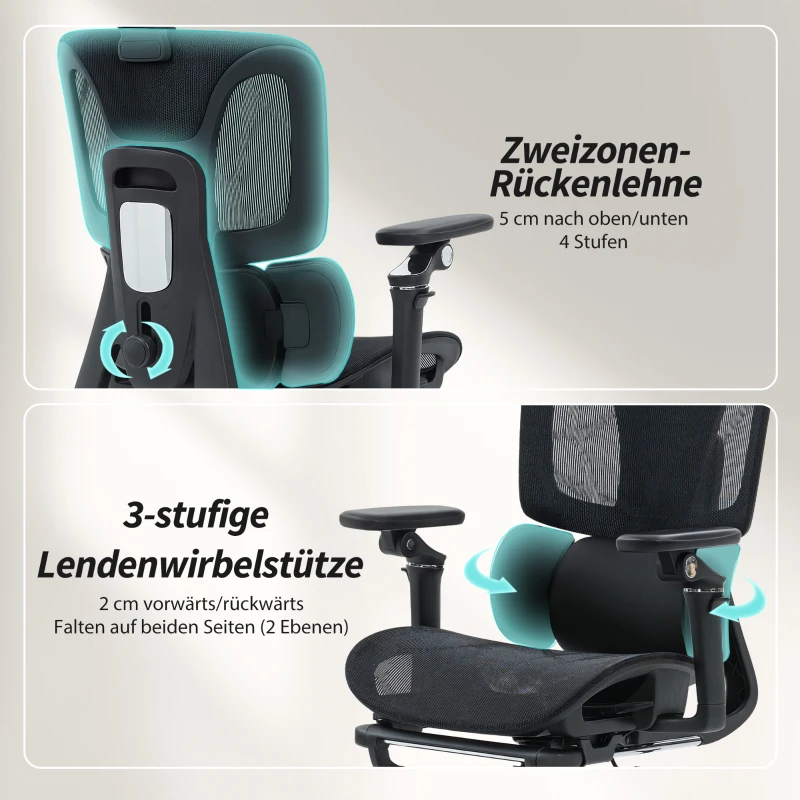 HOMCOM Bureaustoel ergonomisch met verstelbare lenden- en hoofdsteun, 6D-opklapbare armleuningen, voetensteun, mesh, zwart