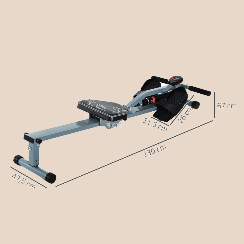 HOMCOM roeitrainer roeiapparaat fitness roeien hometrainer, met LCD display, staal + PVC, grijs, 130 x 67,5 x 67 cm(m-3)