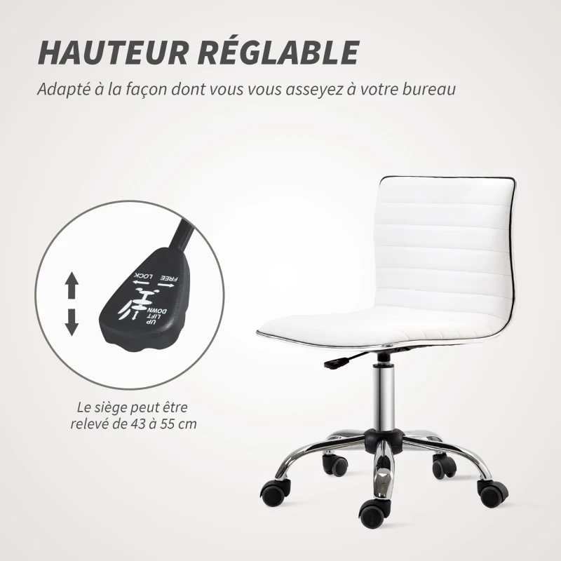 HOMCOM Chaise bureau sans accoudoirs, fauteuil de bureau, hauteur réglable, assise et dossier rembourrés, 48x52x78-90cm, blanc