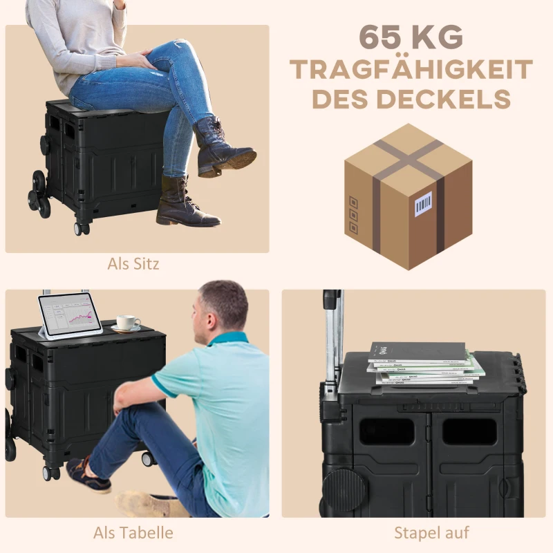HOMCOM Winkelwagen Winkeltrolley, Trappenklimmer, Opvouwbaar, Telescopische Greep, tot Max. 65 Kilo Belastbaar, Zwart