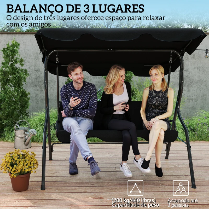 Outsunny Baloiço de Jardim de 2-3 Lugares com Toldo Ajustável Impermeável e Estrutura de Aço para Pátio Varanda 170x110x153 cm Preto