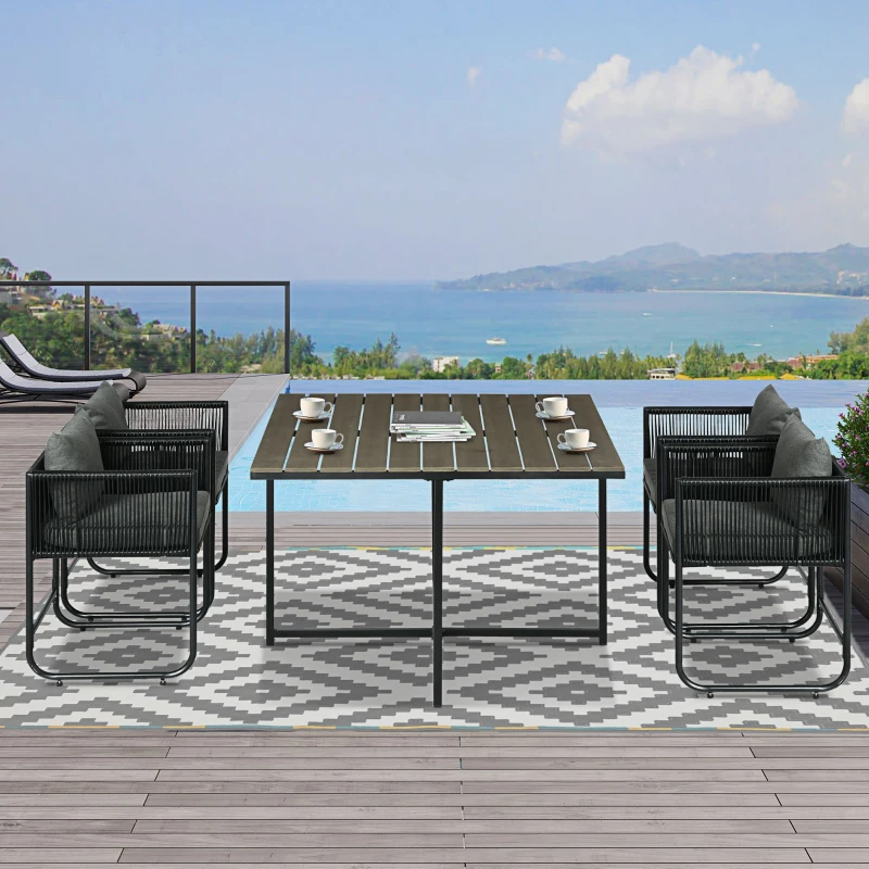 Outsunny Salon de jardin ensemble 5 pièces avec 1 table et 4 fauteuils 8 coussins table en composite plateau aspect bois noir