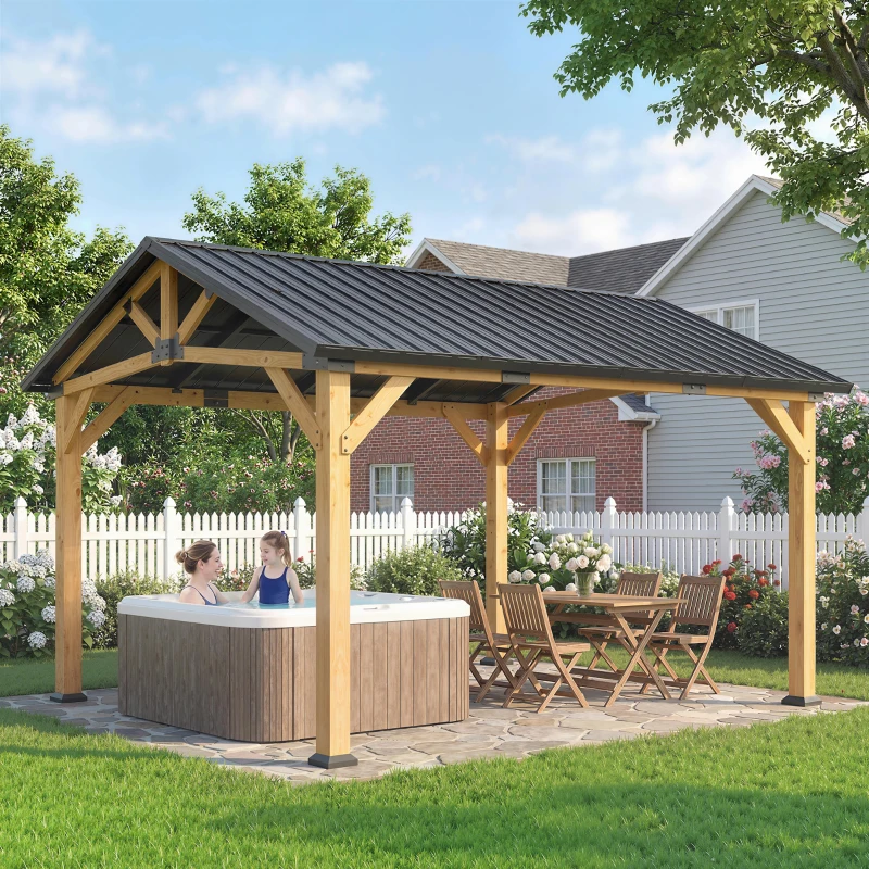 Outsunny 3.5 x 4 m Hardtop Gazebo Canopy with Galvanised Metal Roof, Fir Wood Frame and Hook for Patio, Garden, Black Grey