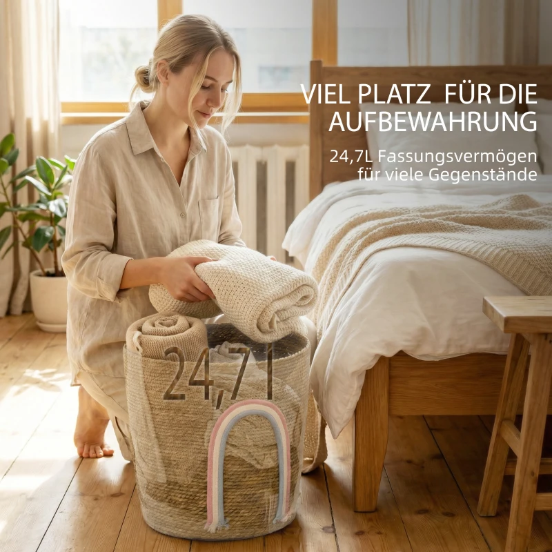 HOMCOM 24,7L opbergmand met regenboogdecoratie, grote gevlochten mand voor badkamer, slaapkamer, Natur