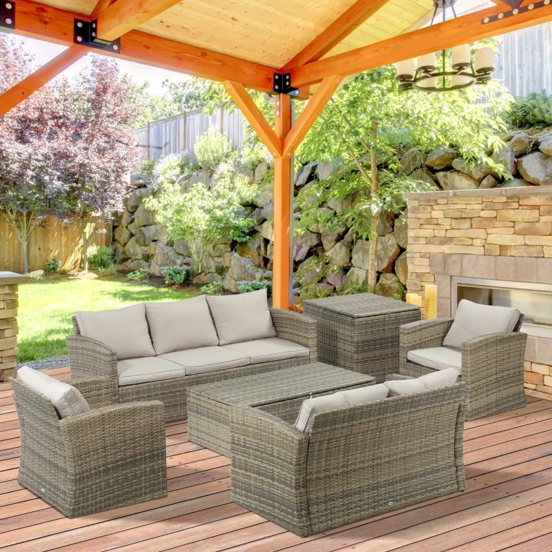 Outsunny Set da Giardino 6 Pezzi in Rattan con Divani, Poltrone e Tavoli Contenitore, Beige