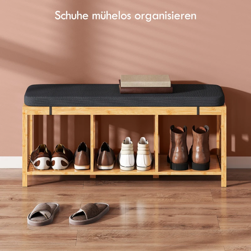 HOMCOM Bamboe Schoenenbank, Halbank met Gewatteerd Zitkussen en Open Vakken, Naturel Houtlook