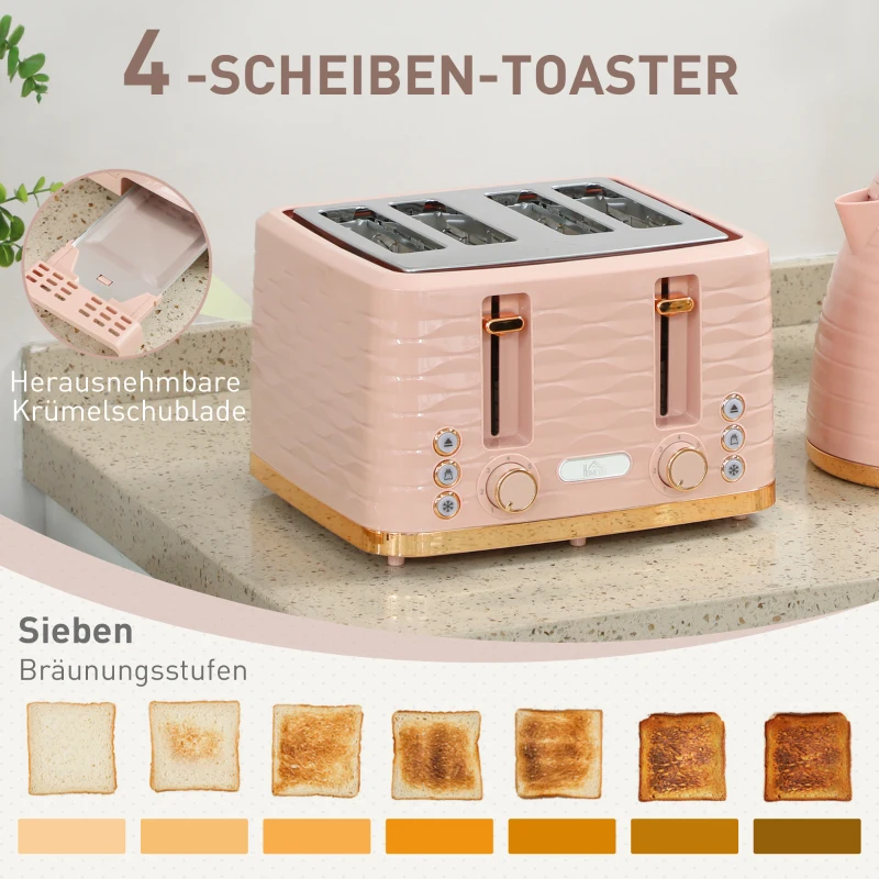 HOMCOM 2-in-1 Toaster en Waterkoker Set, 7 Bruiningsniveaus, Onthouden en Opwarmfunctie, Roze