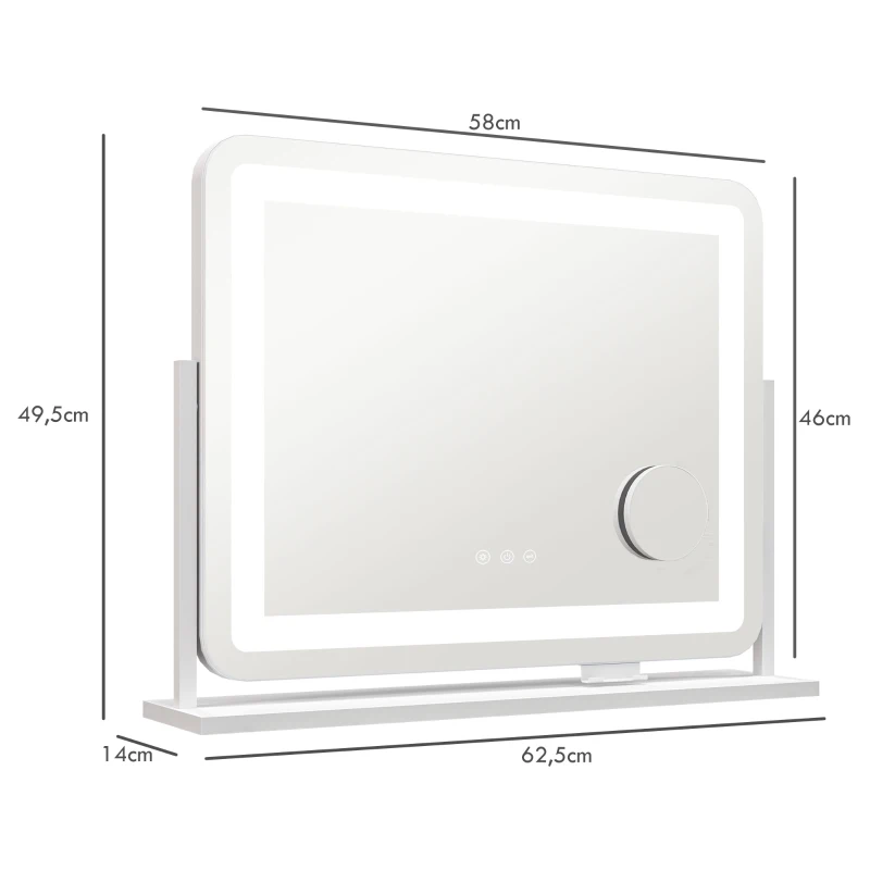 HOMCOM Espejo de Tocador Giratorio 58x46 cm con 3 Modos de Iluminación Ajustables Interruptor Táctil Espejo de Aumento Blanco