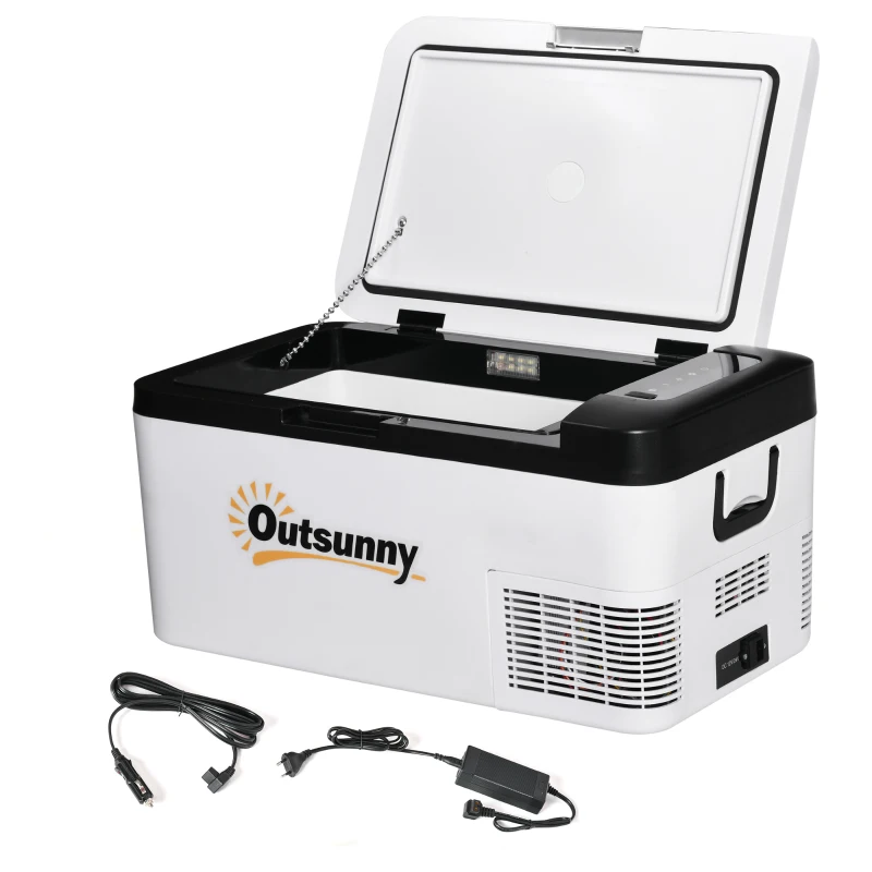 Outsunny Nevera Portátil Eléctrica 18L 12/24V hasta -20℃ Nevera y Congelador de Compresor para Coche con Doble Zona Luz LED Asas Plegables Bajo Consumo Energético para Camping 58,5x33,5x29,2 cm Blanco