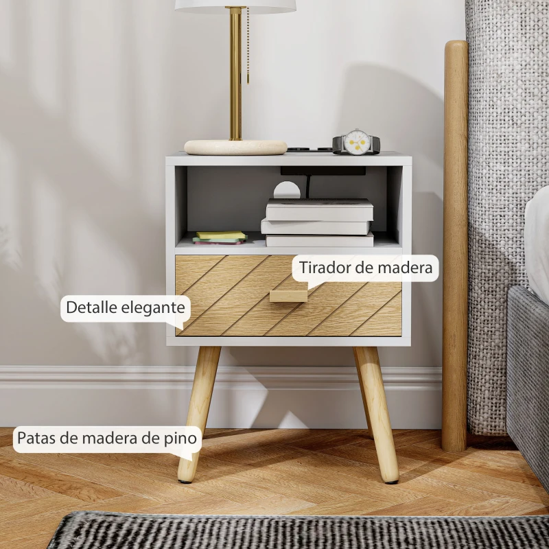 HOMCOM Mesilla de Noche con Estación de Carga Cajón 2 Tomas AC Puerto USB Tipo-C Compartimento Abierto Patas de Madera Blanco