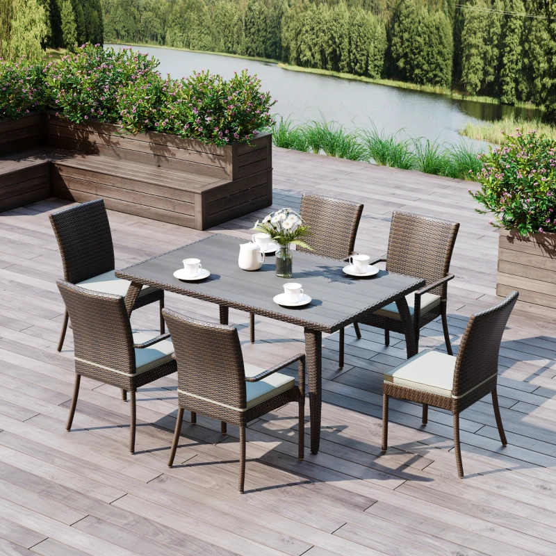 Outsunny 7 pz Set da Pranzo da Giardino Tavolo da Esterno con 6 Sedie, Mobili da Giardino in Rattan PE e Acciaio con Cuscini Lavabili, Marrone e Crema
