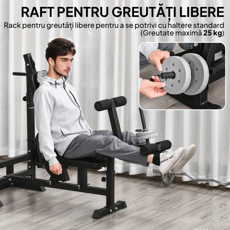 HOMCOM Bancă de Fitness Reglabilă cu Suport pentru Halteră, din Oțel și PU, 210x110x103-123 cm, Negru