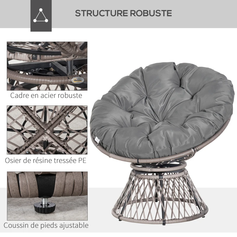 Outsunny Fauteuil rond de jardin fauteuil papasan pivotant Ø 97 x 86H cm grand coussin fourni polyester résine tressée