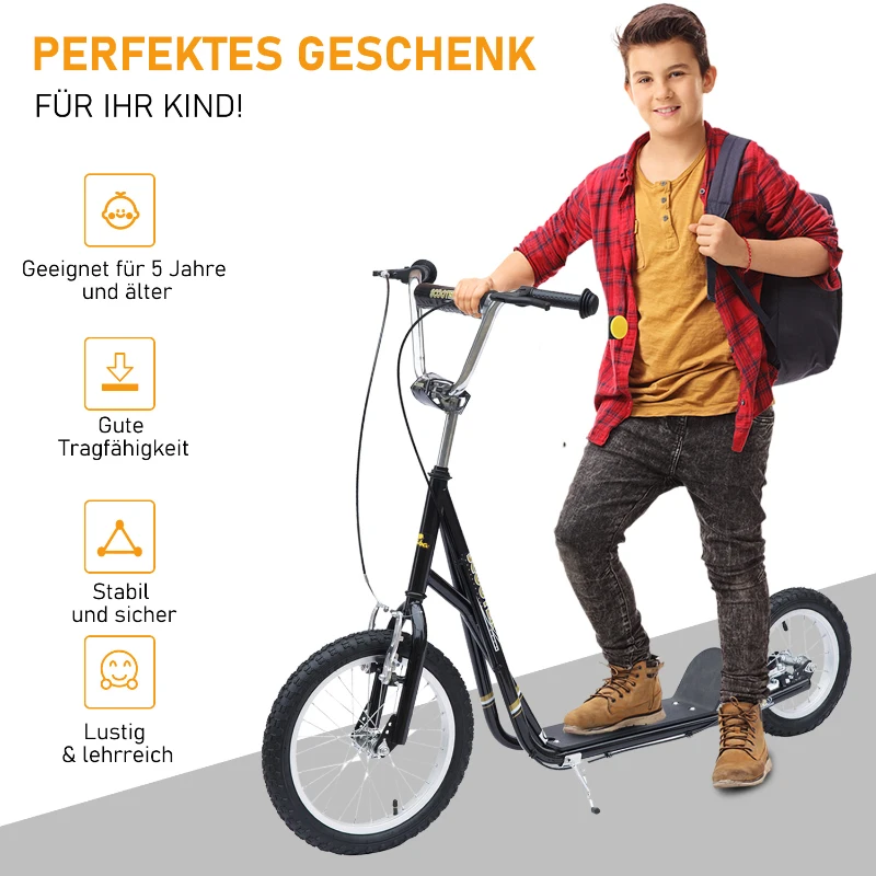 HOMCOM Kinderstep scooter 16/12 inch stadsscooter rolfiets zwart verstelbaar(m-4)