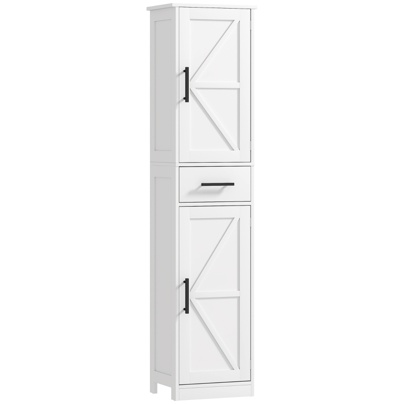 HOMCOM Armario Alto de Baño Estrecho con 2 Puertas 1 Cajón y 2 Estantes Ajustables Estilo Rústico 40x30x170 cm Blanco