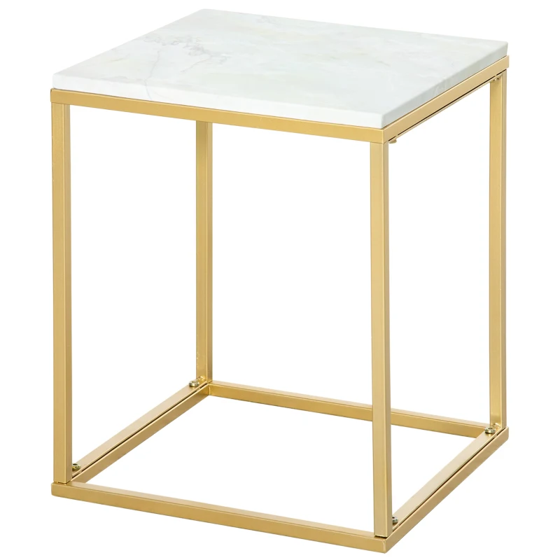 Outsunny Tavolino da Caffè per Casa e Giardino in Metallo con Effetto Marmo, 40x40x50cm, Oro