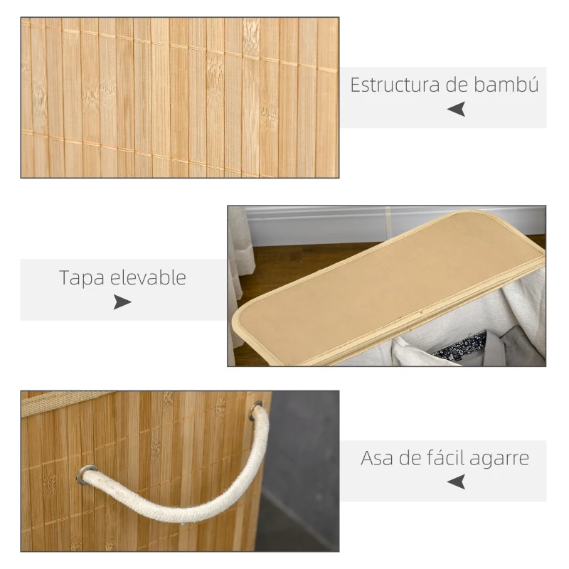 HOMCOM Cesto de Ropa Sucia 90 L de Bambú con 2 Compartimentos Asas Bolsa Interior Extraíble 54,2x35,2x59,5 cm Natural