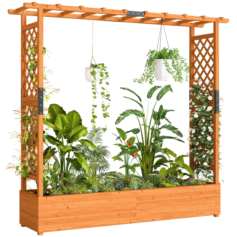 Outsunny Verhoogde plantenbak met klimrek en dak, voor bloemen, fruit, groenten, kruiden, 196 x 44 x 181 cm, hout, Oranje