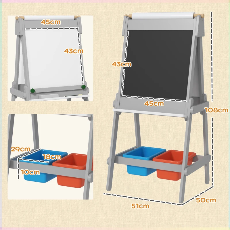 AIYAPLAY Dubbelzijdige Kinder Tekenezel met Papierrol, Krijtbord, Whiteboard, 3-in-1 Ontwerp, voor Tekenen en Schilderen