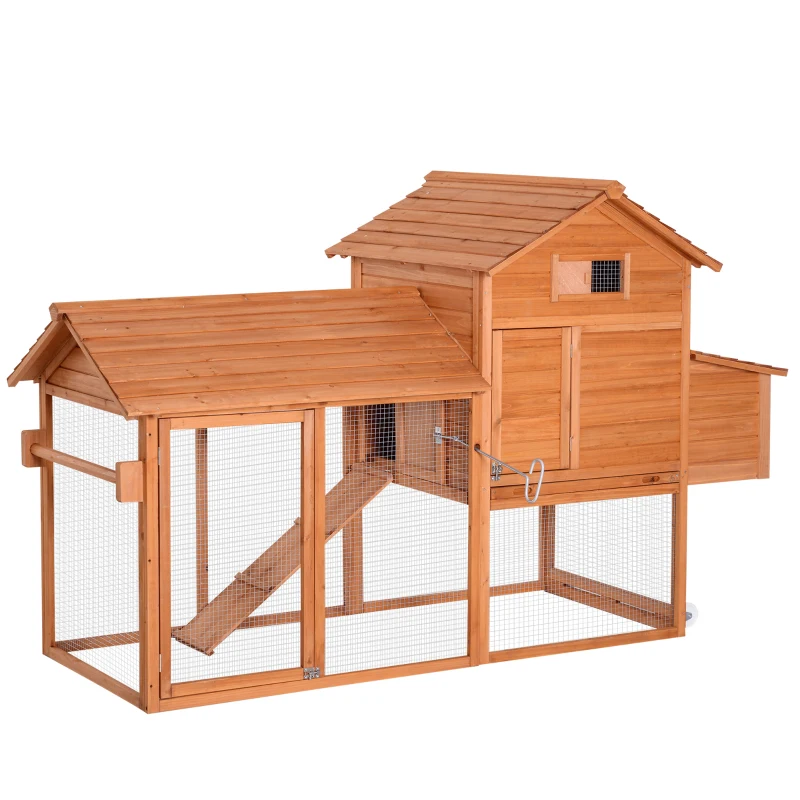 PawHut Gallinero Exterior con Ruedas 210x90x130 cm Jaula para Gallinas de Madera con Corral de Metal Techo Abatible Natural
