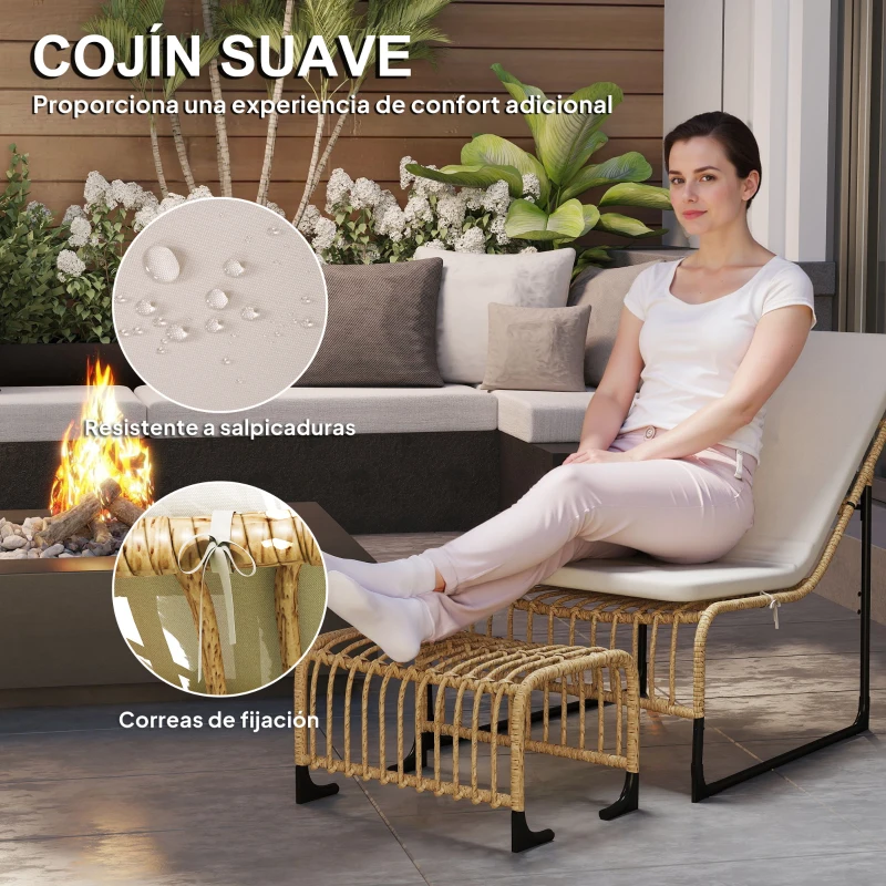 Outsunny Sillón de Exterior con Reposapiés, Cojín Acolchado y Estructura de Acero con Ratán Sintético Duradero 93x65x80 cm Beige