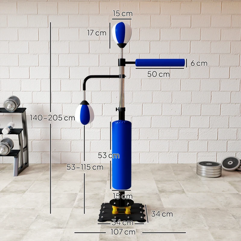 SPORTNOW Bokszakstand, twee speedballs, draaibare bokstang, kickkussen, in hoogte verstelbaar, staal, 107 x 36 x 140-205 cm, Blauw