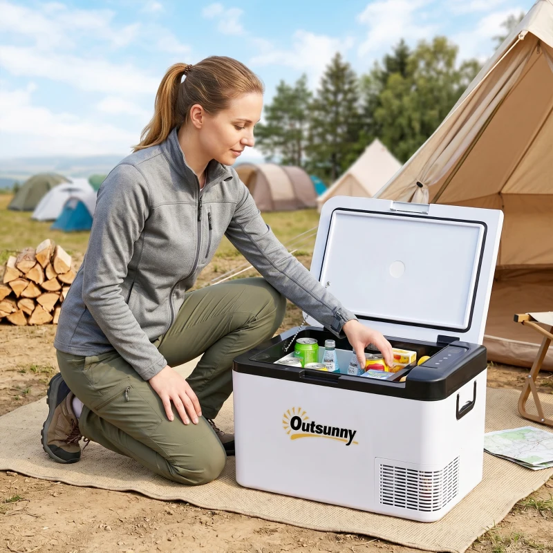 Outsunny Nevera Portátil Eléctrica 18L 12/24V hasta -20℃ Nevera y Congelador de Compresor para Coche con Doble Zona Luz LED Asas Plegables Bajo Consumo Energético para Camping 58,5x33,5x29,2 cm Blanco