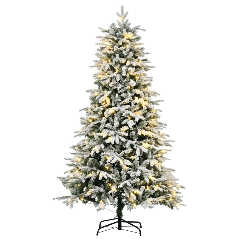 HOMCOM Kunstmatige Kerstboom, Kerstboom, Incl. Kunstmatige Sneeuw, LED-Lichten, 180 cm, Groen + Wit