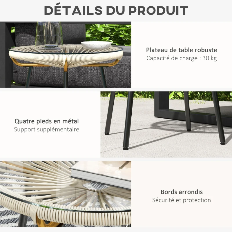Outsunny Table basse ronde de jardin en résine aspect rotin métal et plateau verre trempé Ø 50 x 50 cm crème