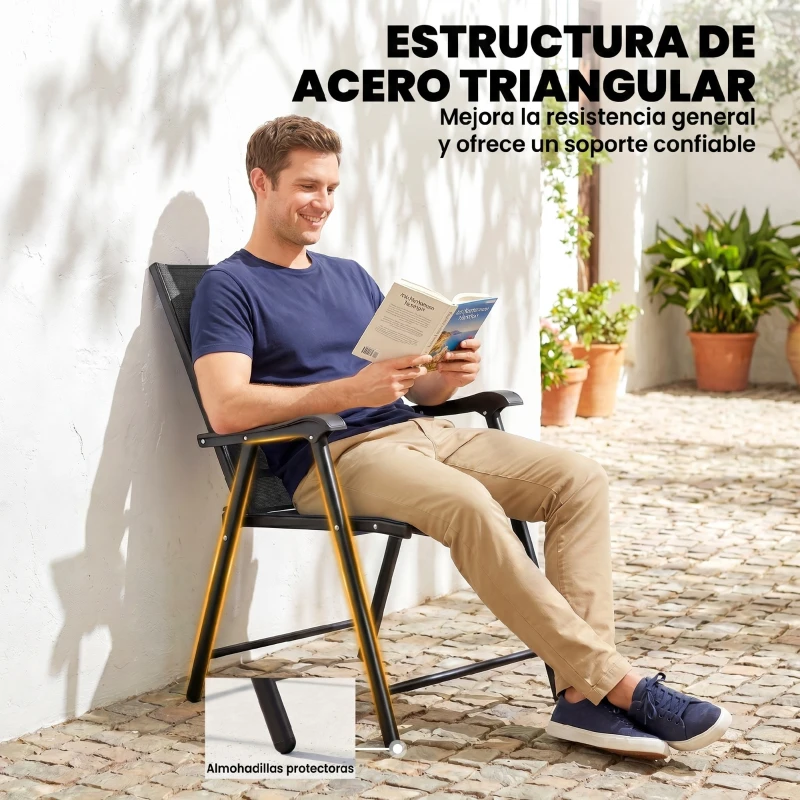 Outsunny Conjunto de 4 Sillas de Jardín Exterior Plegables con Respaldo Alto y Reposabrazos para Terraza Playa 58x62x97 cm Negro