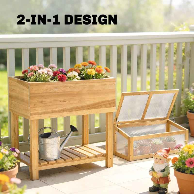 Outsunny Verhoogd plantenbed met kasopzet van hout, plantenbak met opklapbare deksel, plank, voering, ergonomisch
