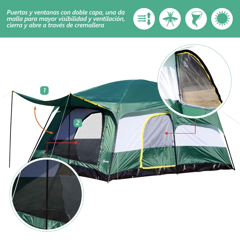 Outsunny Tienda de Campaña Familiar 5-6 Personas Carpa Grande Acampada Tipo Refugio con Bolsa de transporte 4,3x3x2 m Verde