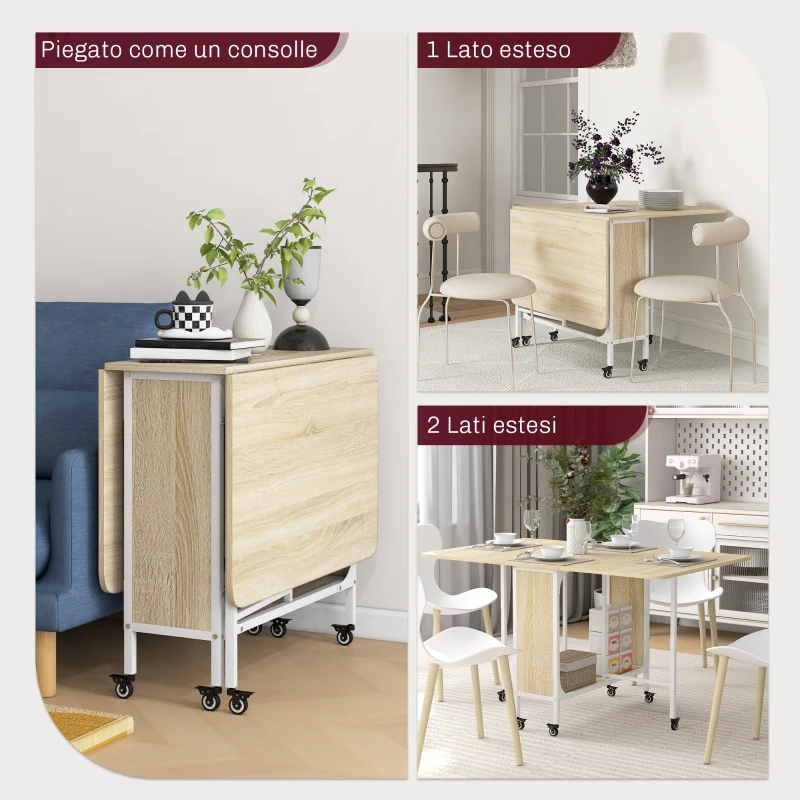 HOMCOM Tavolo da Pranzo Pieghevole per 6 Persone max con Ripiano, in Legno e Metallo, 130x80x74 cm, Bianco e color Legno