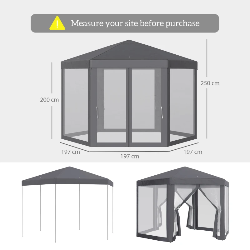 Outsunny 4M Hexagon Gazebo, Netting Party Tent, Patio Canopy Outdoor Event Shelter for Activities, Shade Resistant, Grey
