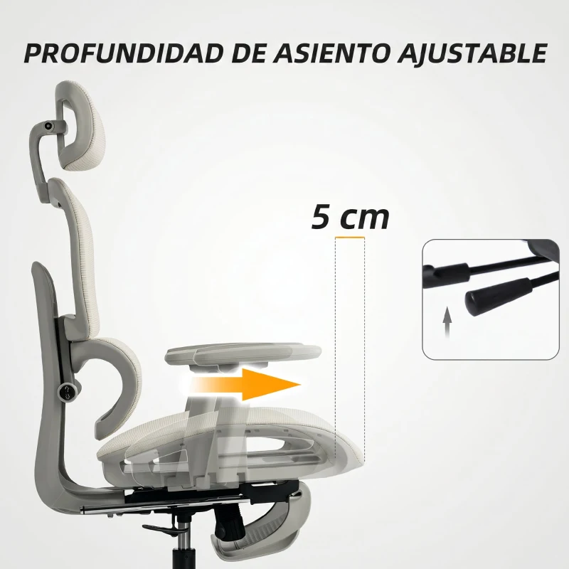 HOMCOM Silla de Oficina Ergonómica de Malla con Reposabrazos 3D Reclinable a 135° Reposacabezas Ajustable Beige