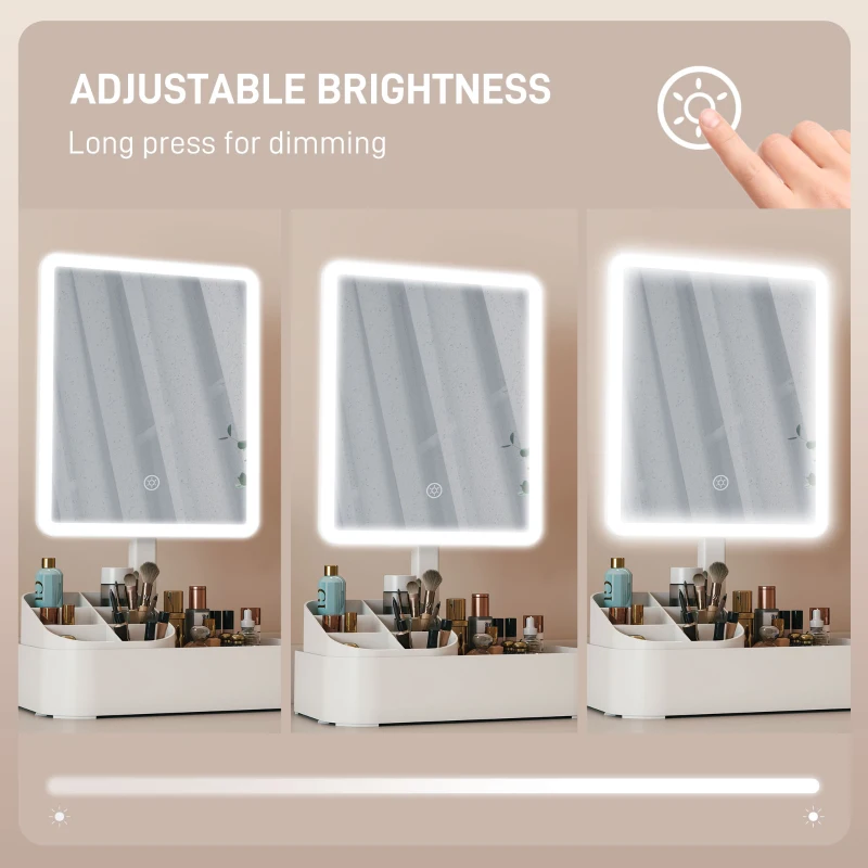 HOMCOM Makeup Mirror with Lights, Rechargeable Vanity Mirror w/ Touch Screen, 2 Lighting Modes and 180° Rotation, White