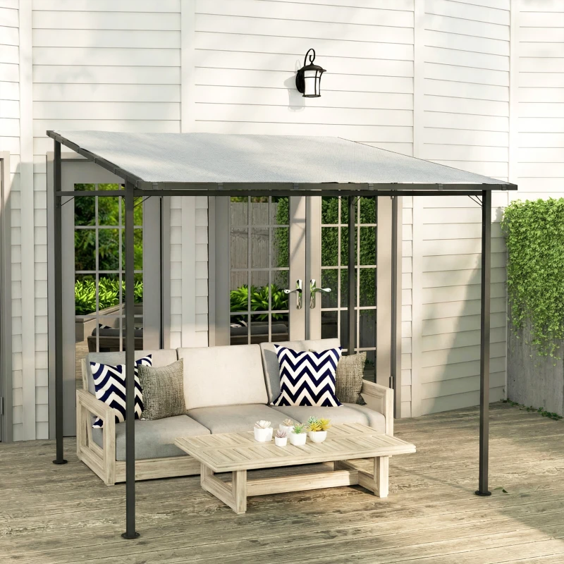 Outsunny 2.4 x 2.4 m Wall Mounted Pergola Gazebo with PA Coating Fabric, Metal Frame, UPF30+, Lean to Garden Gazebo, Light Grey