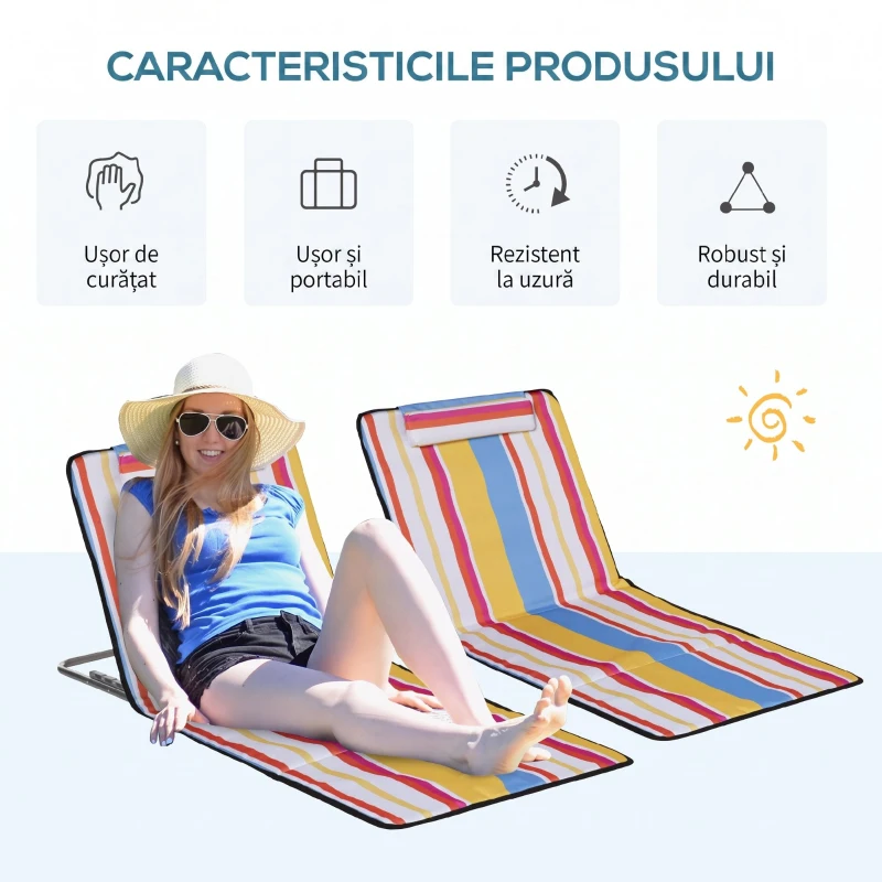Outsunny Set 2 Șezlonguri de Plajă Rabatabile cu Spătar Reglabil și Tetieră, 53x124x35-45 cm, Multicolor