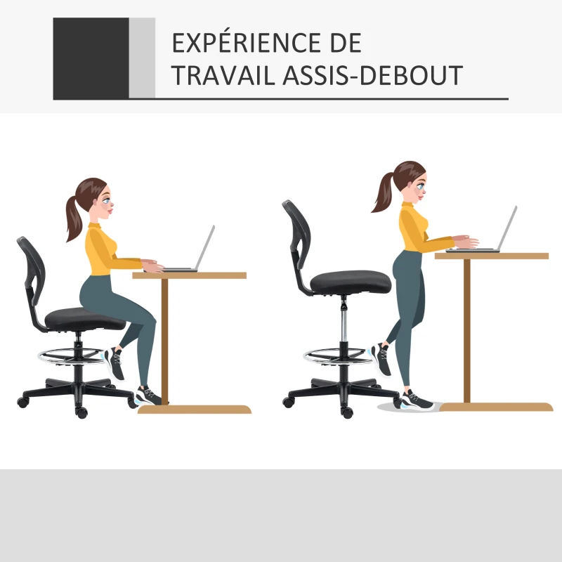 Vinsetto Chaise de bureau assise haute en maille hauteur réglable 50-70 cm avec repose-pied pivotant 360° noir