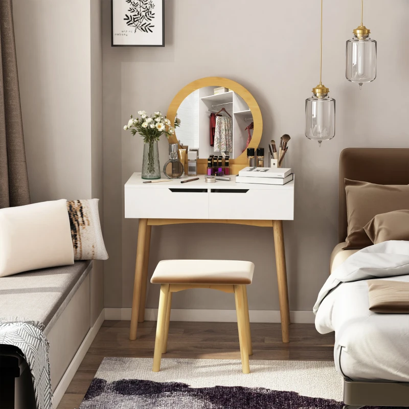HOMCOM Dressing Table & Stool Set w/ Drawers Mirror Modern Elegant Vanity Makeup Padded Seat Home Bedroom Beauty Furniture Natural Brown