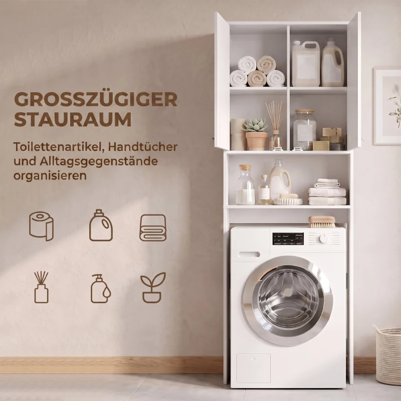 HOMCOM Kast voor boven de wasmachine, hoge badkamerkast met 2 deuren en open vak, 66 x 24 x 191 cm, wit