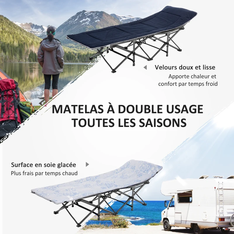 Outsunny Bain de soleil transat chaise longue pliable matelas à double oreiller pochette latérale sac de rangement intégrée