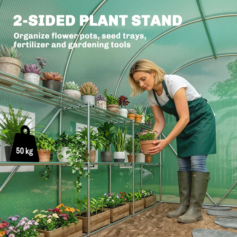 Outsunny Walk-in Greenhouse with Shelves, Polytunnel Greenhouse with Roll-Up Door, 6 Mesh Windows,198 x 275 x 191 cm, Green