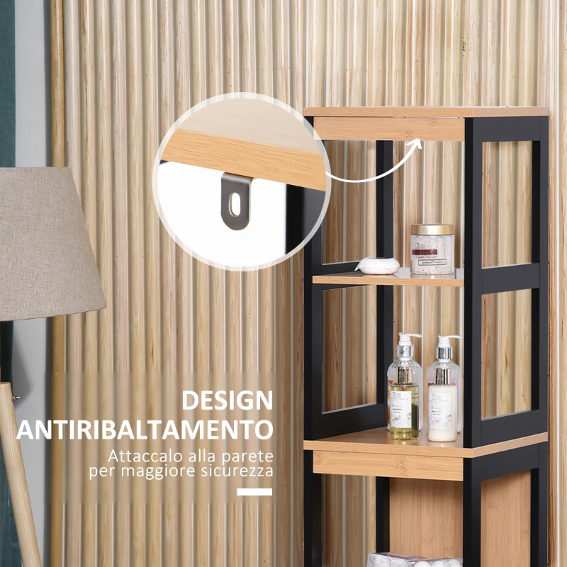 Kleankin Colonna Bagno con 2 Cassetti e 3 Vani Aperti in Legno MDF e Bambù 30x30x142.5 cm