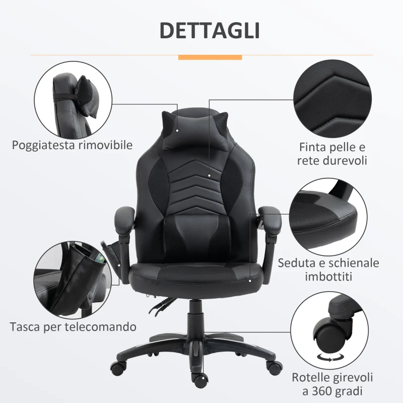 HOMCOM Sedia Poltrona da Ufficio Massaggiante e Riscaldante Design Ergonomico Reclinabile Finta pelle 68L×69P×(108-117)Acm Nera