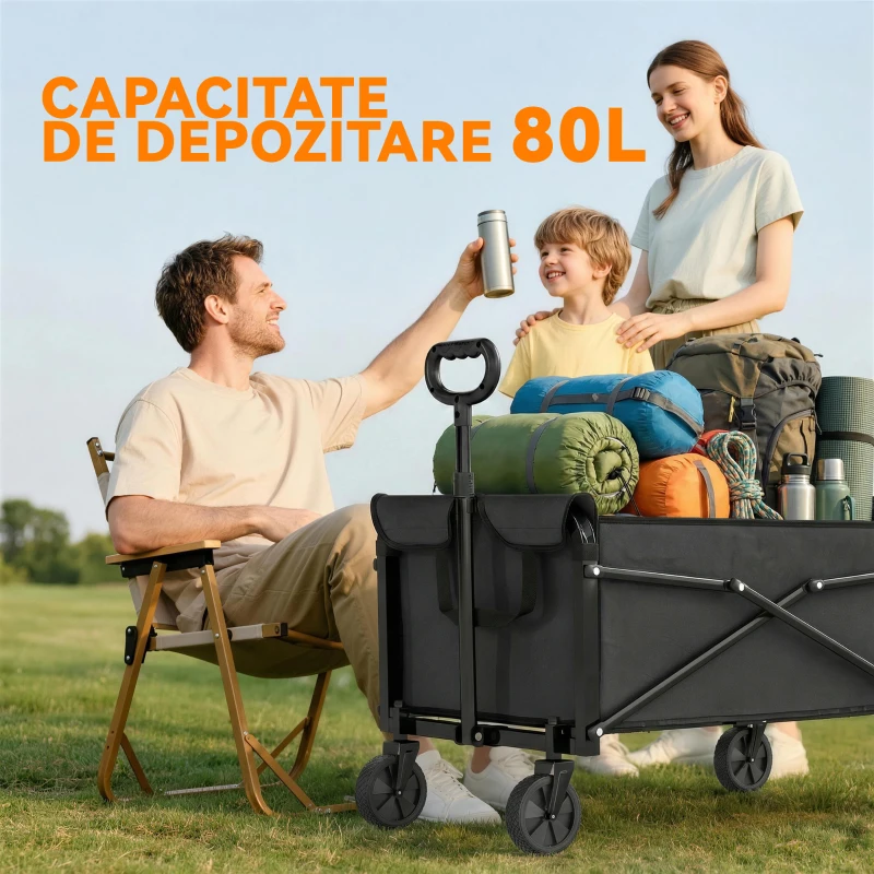 Outsunny Cărucior de Grădină 80L Pliabil cu Mâner Reglabil, din Metal și Țesătură Oxford, 78x47.5x92 cm, Negru