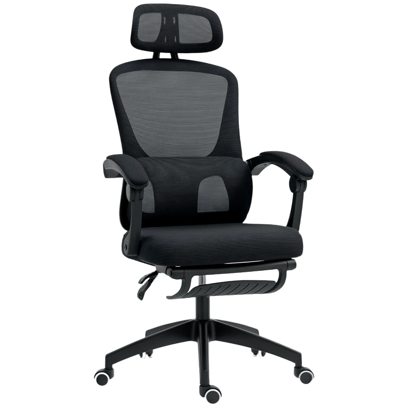 HOMCOM Ergonomic Office Chair, Mesh High Back Desk Chair with Adjustable Lumbar Support and Headrest, Footrest, Reclining Executive Swivel Computer Chair for Home Study, Black