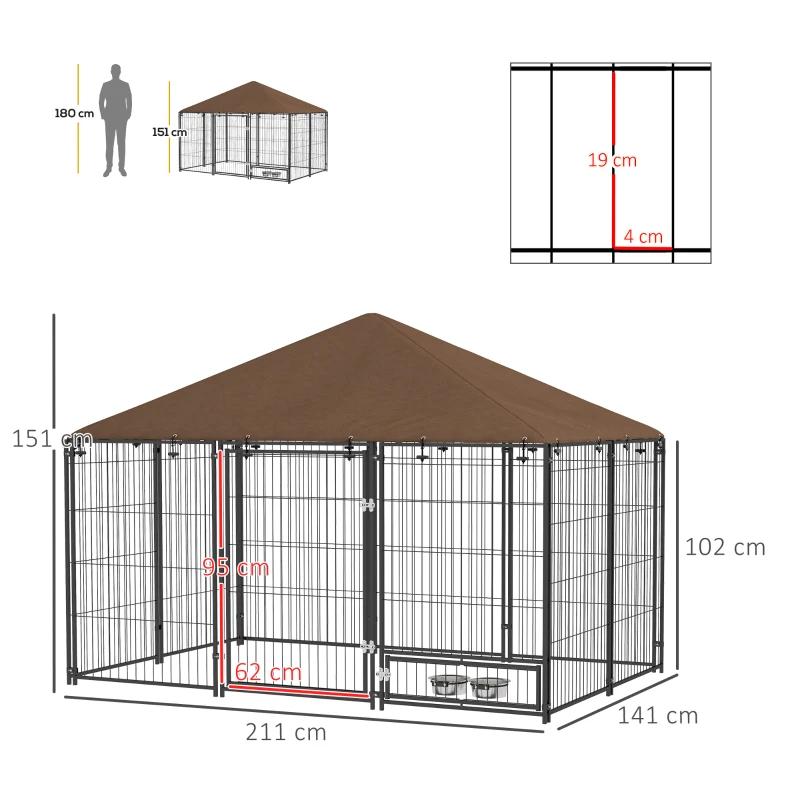 PawHut Țarc pentru câini din metal și material Oxford cu ușiță pentru boluri, 211x141x151 cm, negru și maro